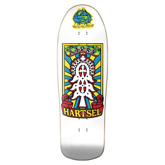 Skateboard deck with colorful design and 'Hartsel' branding on a white background