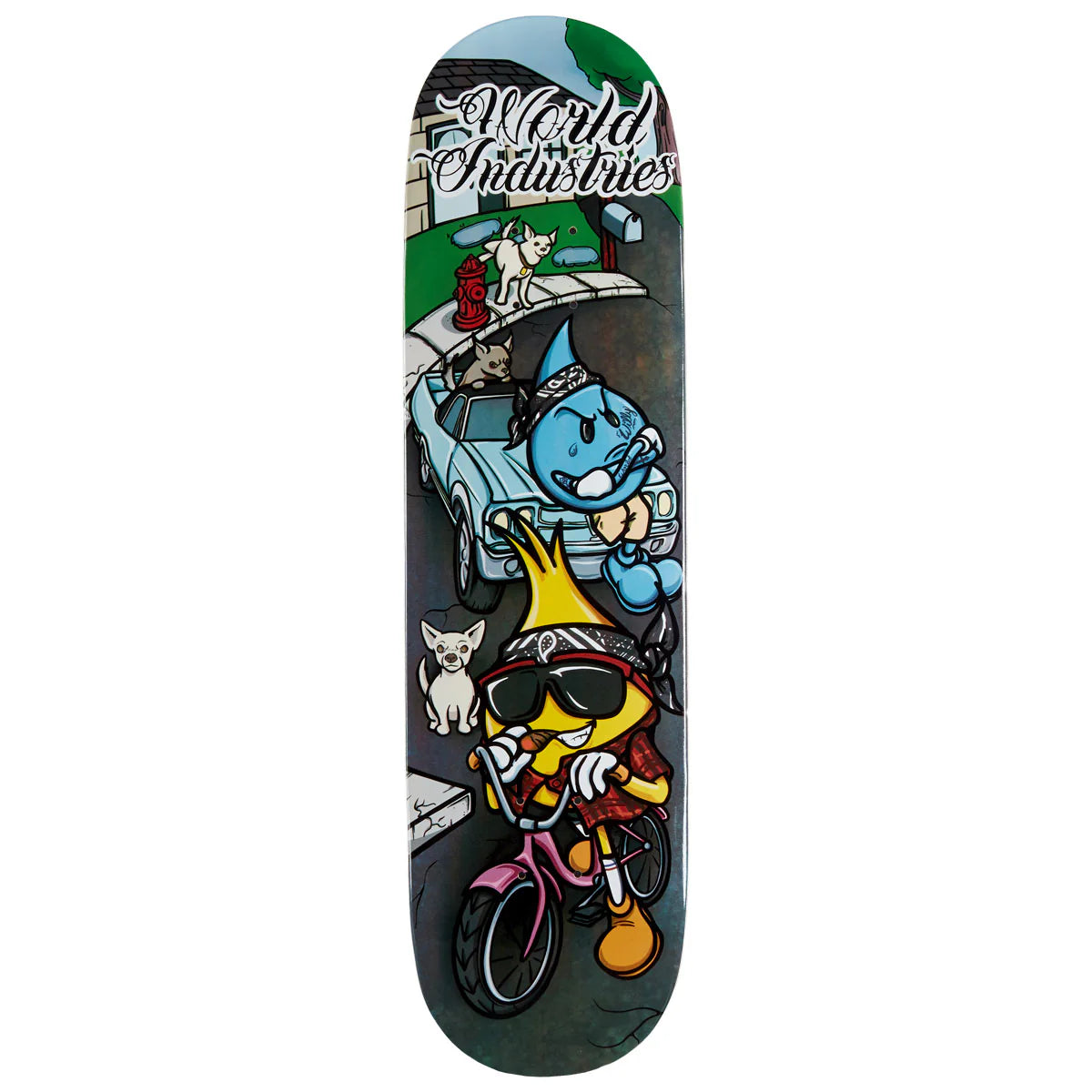 Skateboard deck with cartoon characters and 'World Industries' branding on a white background
