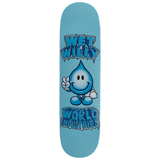 Blue skateboard deck with Wet Willy character and 'World Industries' text on a white background