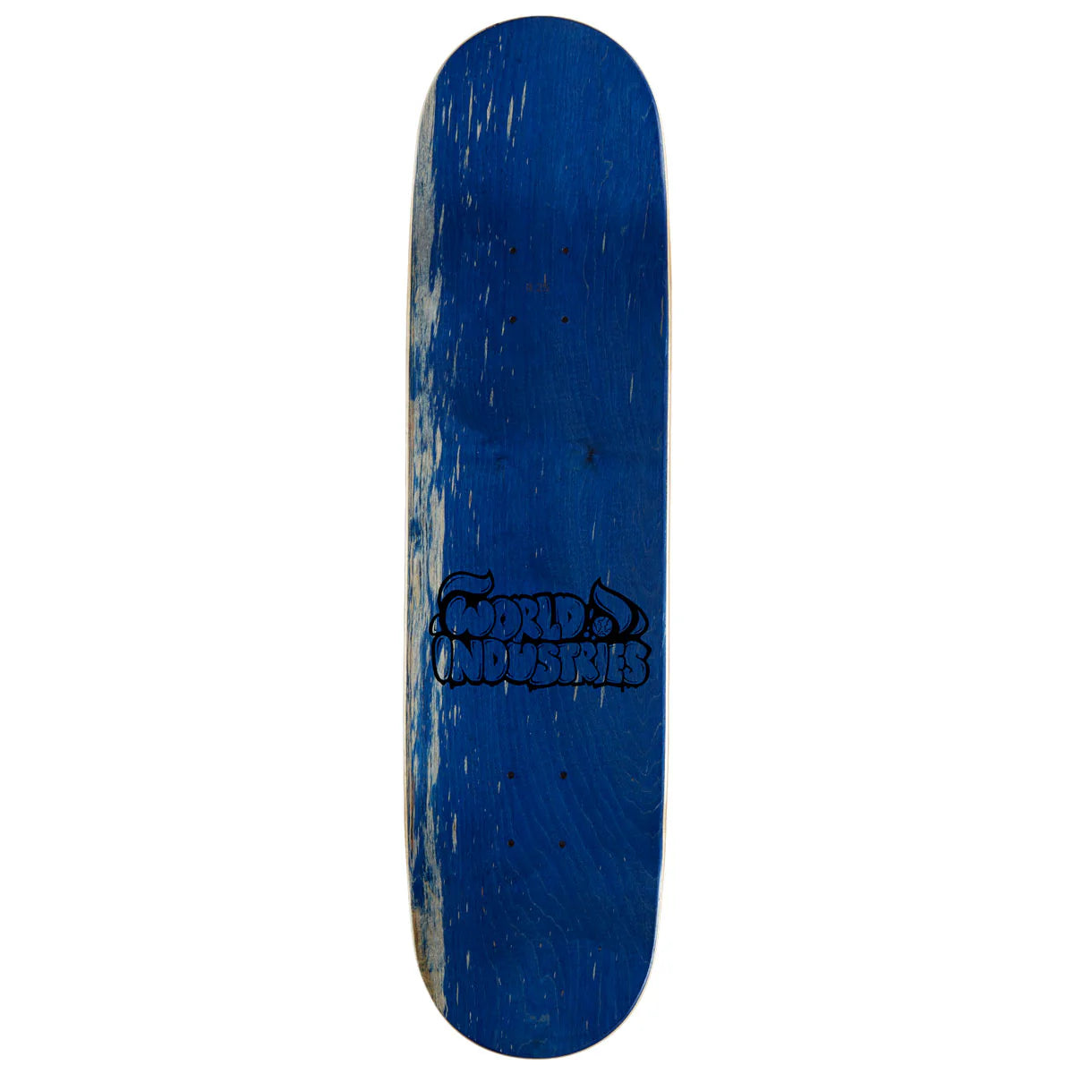 Blue skateboard deck with a logo on a white background