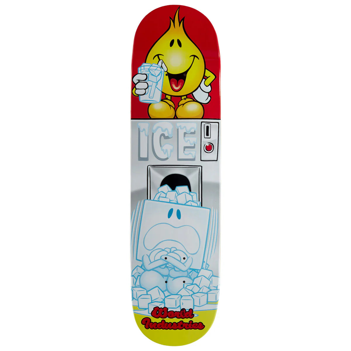 Skateboard deck with cartoon character holding ice cubes and text 'ICE!' on a white background