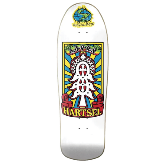 Skateboard deck with colorful design and 'Hartsel' branding on a white background