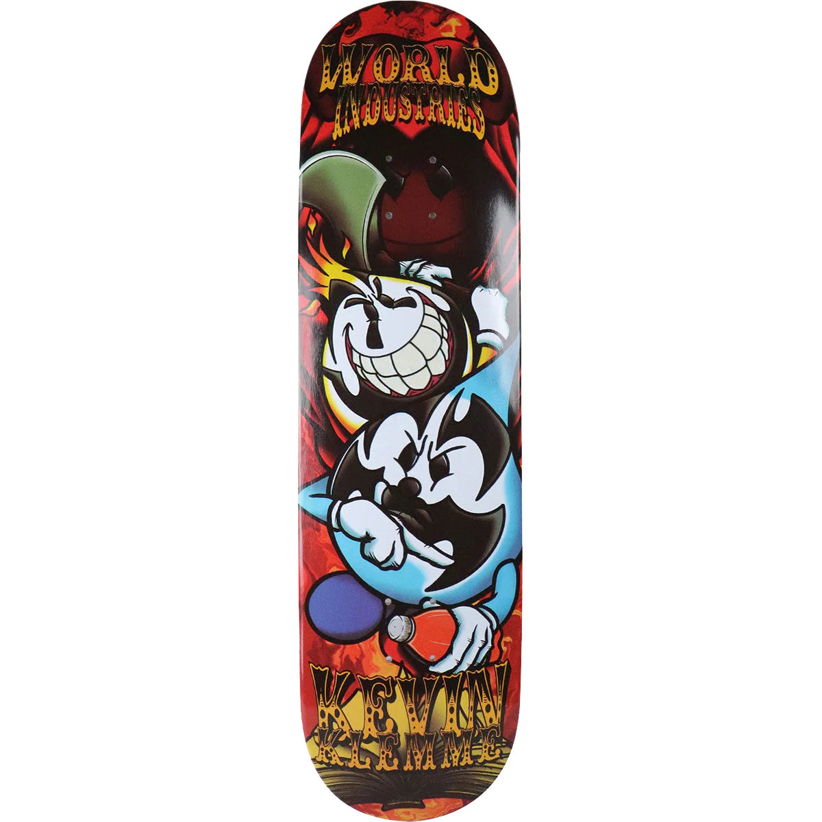Skateboard deck with cartoon character design on a white background