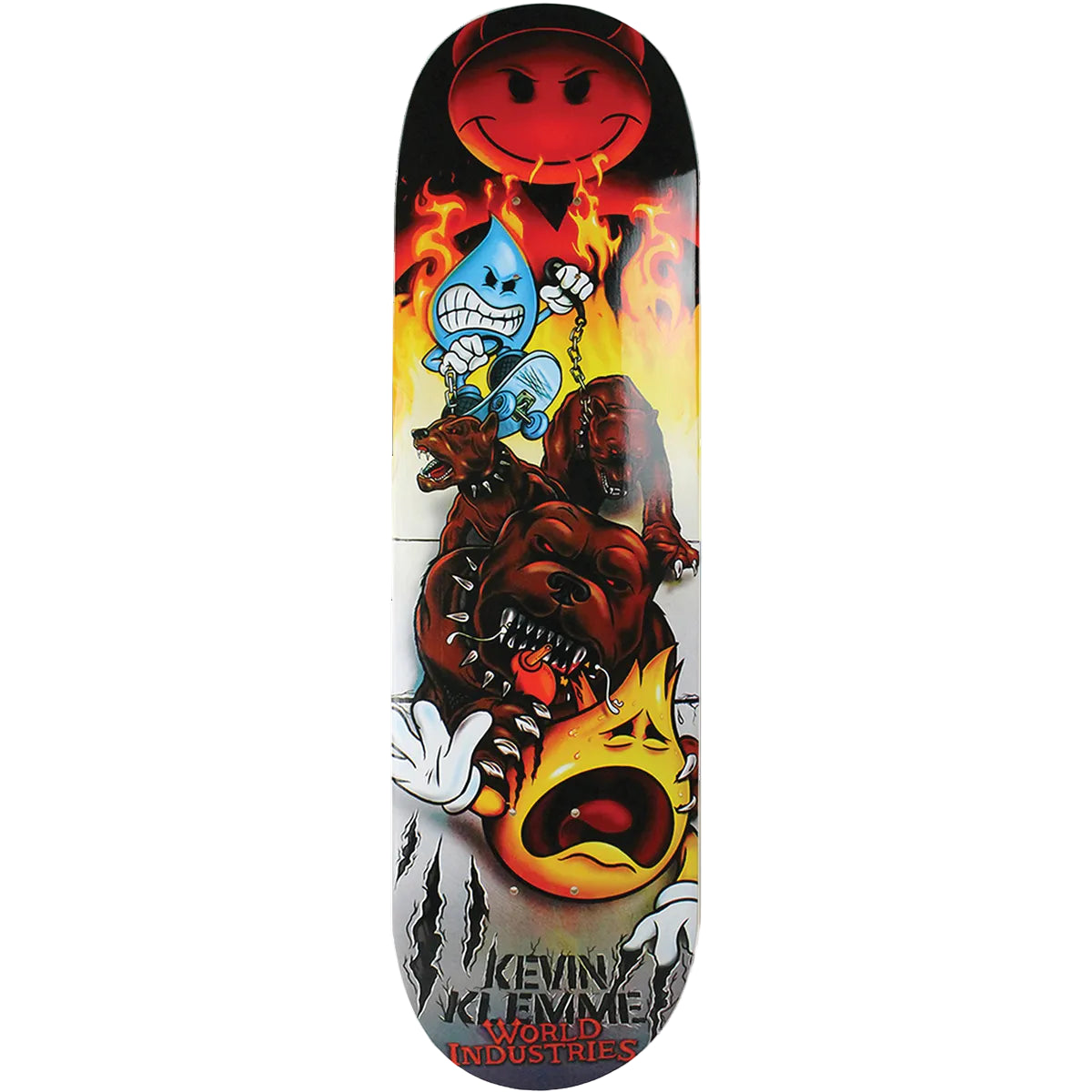 Skateboard deck with colorful graphic design featuring characters and text on a white background