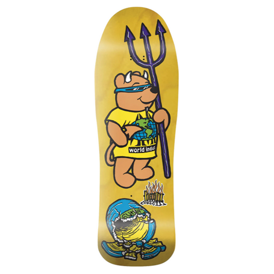 Skateboard deck with a cartoon character holding a trident on a yellow background