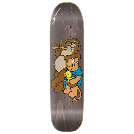 Skateboard deck with cartoon bear design on a white background