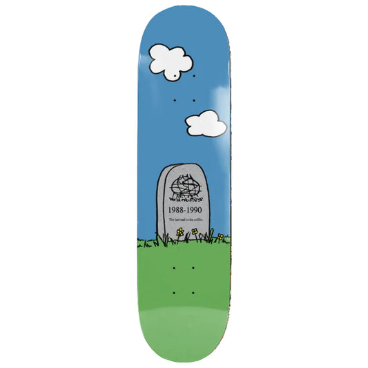 Skateboard deck with a blue sky, white clouds, and a green grassy area featuring a tombstone.