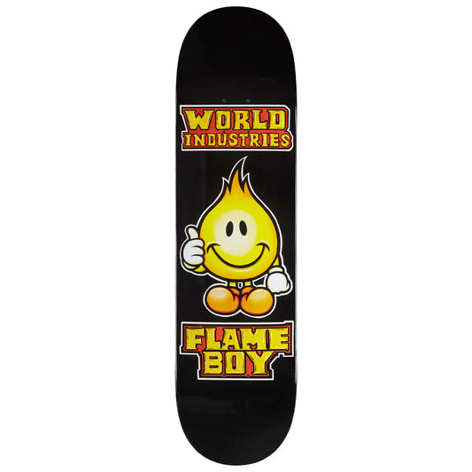 Skateboard deck with 'World Industries Flame Boy' design on a black background