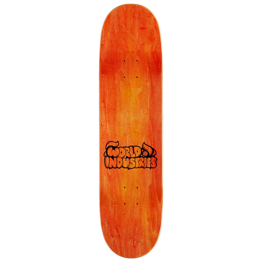 Orange skateboard deck with a logo on a white background