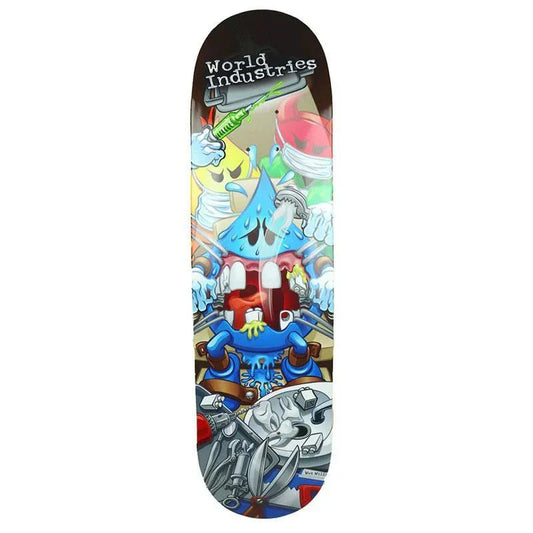 Skateboard deck with colorful cartoon design and 'World Industries' branding on a white background