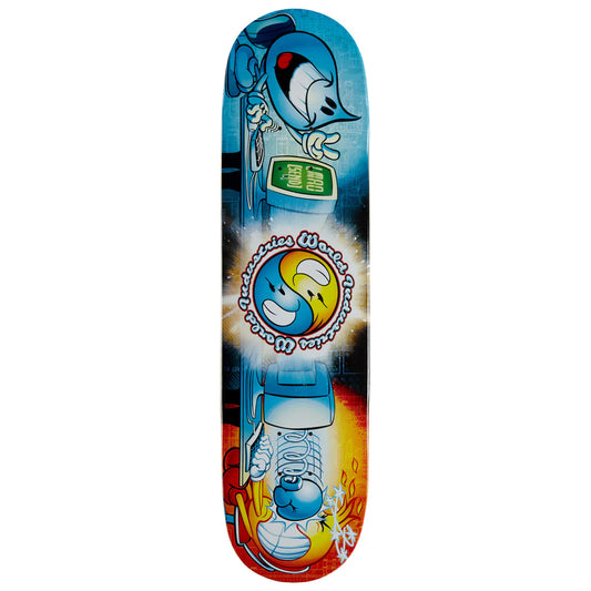 Colorful skateboard deck with cartoon character design on a white background