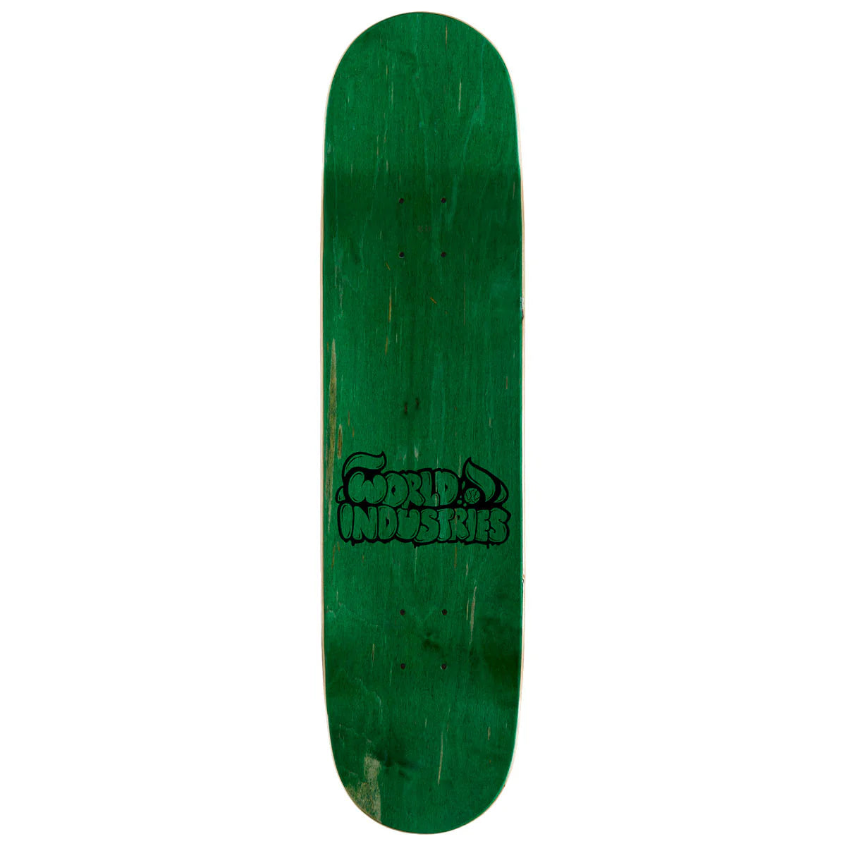 Green skateboard deck with a logo on a white background