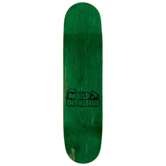 Green skateboard deck with a logo on a white background
