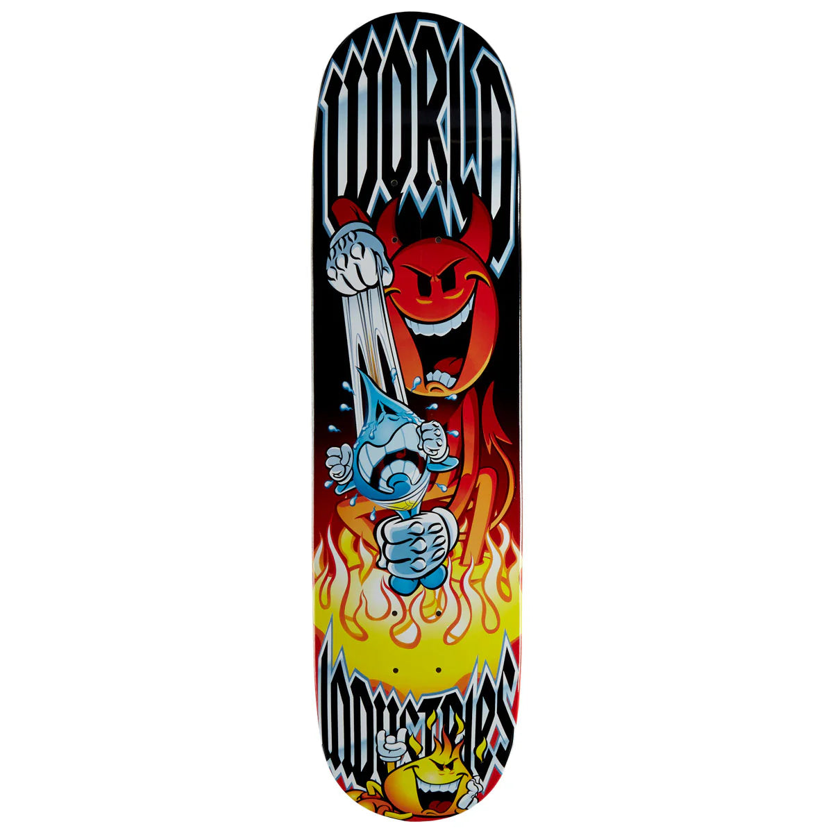 Skateboard deck with colorful design featuring a devil-like character and flames on a white background
