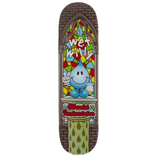 Skateboard deck with a colorful design featuring a character and text on a white background