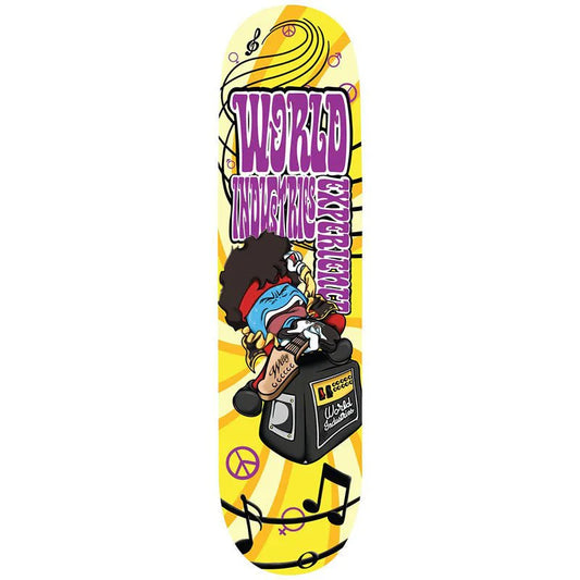 Skateboard deck with colorful design featuring a character and text on a yellow background
