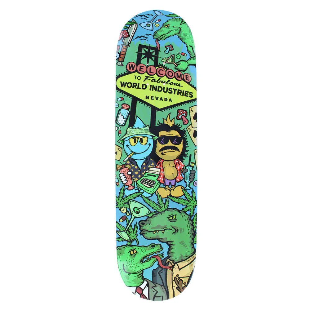 Colorful skateboard deck with cartoon characters and text on a white background