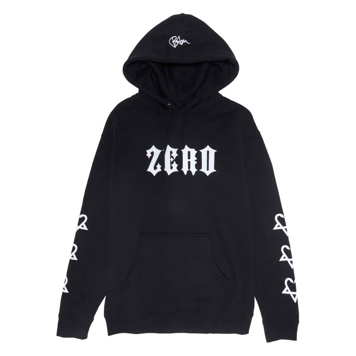 Black hoodie with white text and designs on a white background