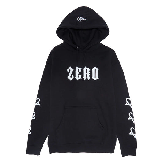 Black hoodie with white text and designs on a white background