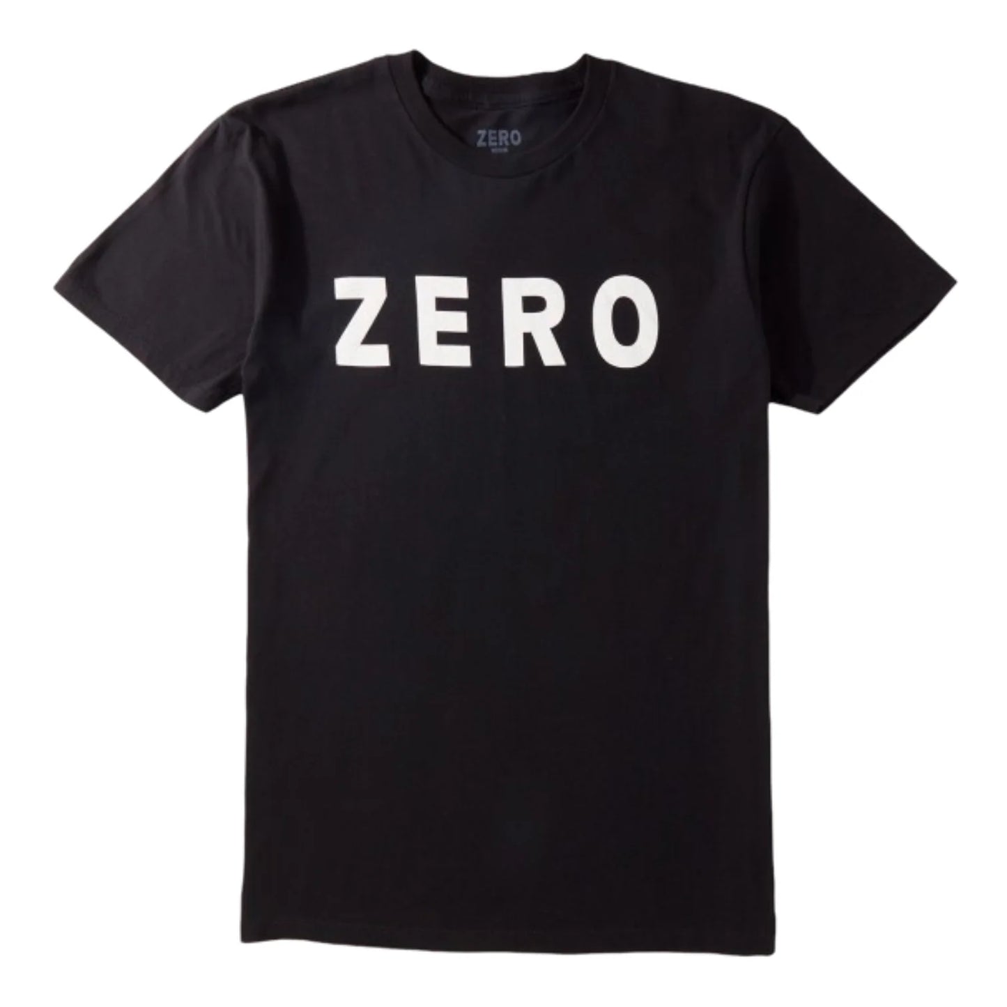 Black t-shirt with 'ZERO' printed on it against a white background