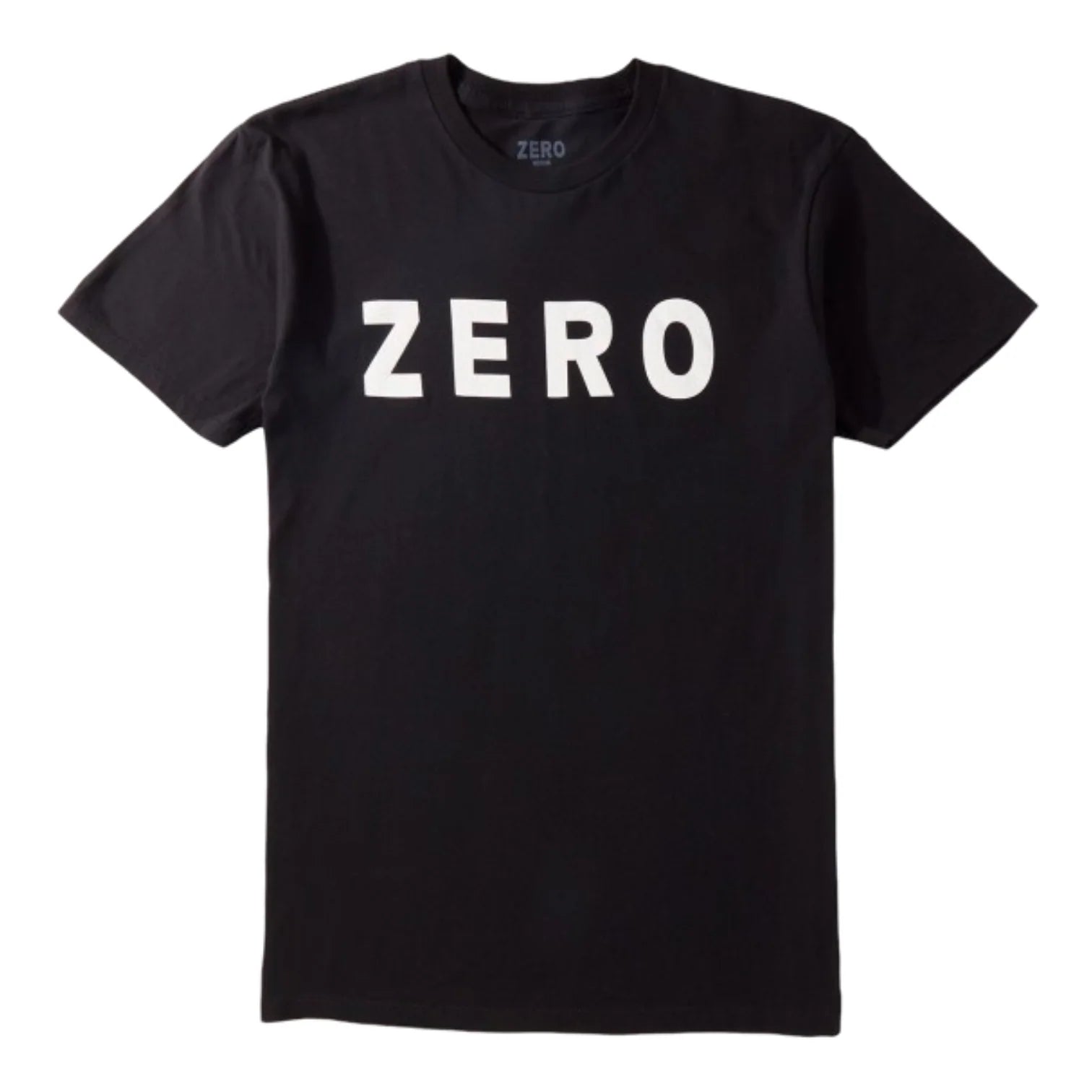 Black t-shirt with 'ZERO' printed on it against a white background