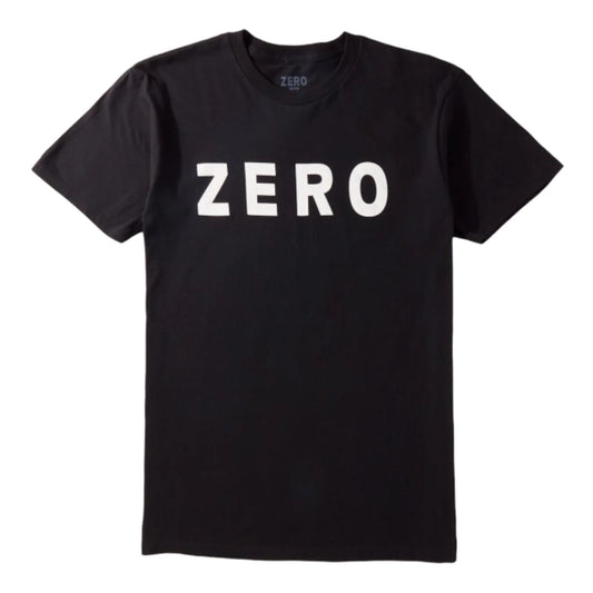 Black t-shirt with 'ZERO' printed on it against a white background