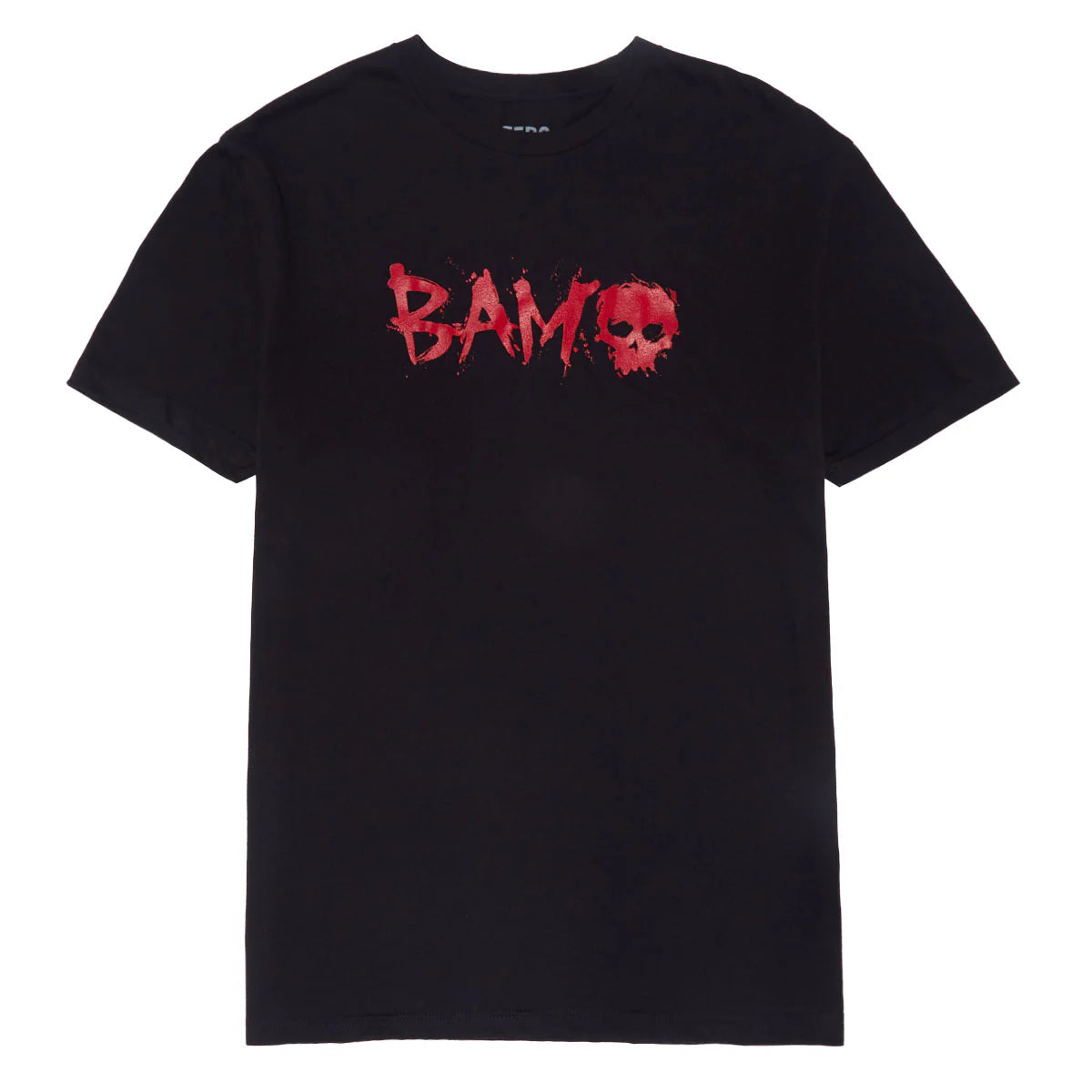 Black t-shirt with red 'BAM' graphic on a white background