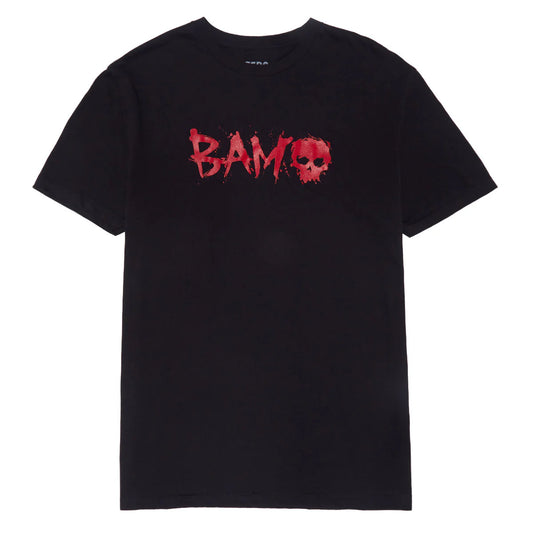 Black t-shirt with red 'BAM' graphic on a white background