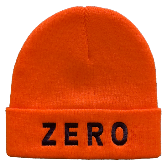 Orange beanie with 'ZERO' embroidery on a white background
