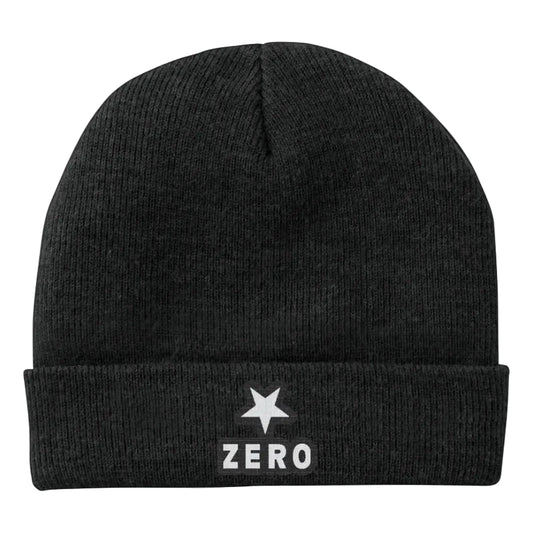 Black beanie with a white star and 'ZERO' logo on a white background