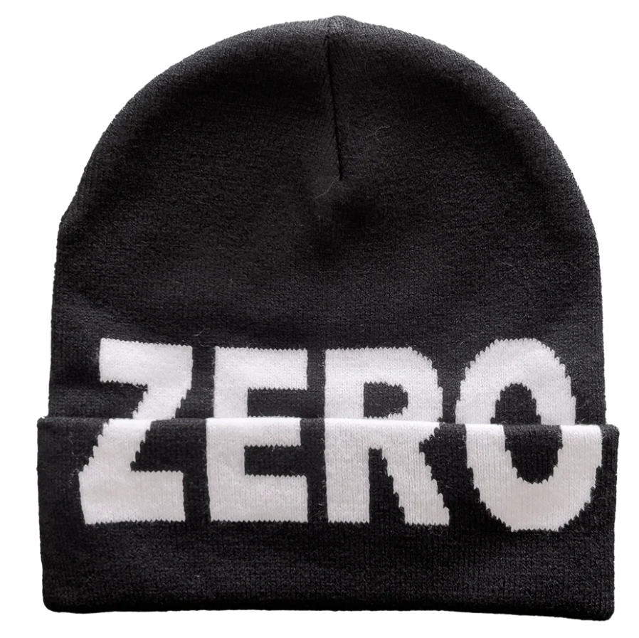 Black beanie with 'ZERO' printed in white on a white background
