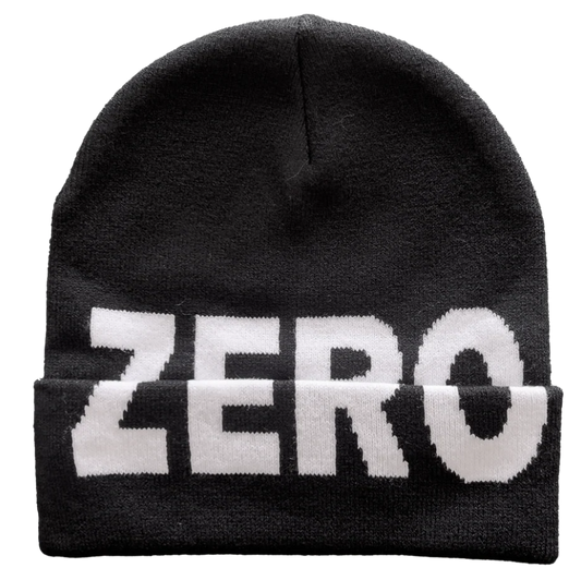 Black beanie with 'ZERO' printed in white on a white background