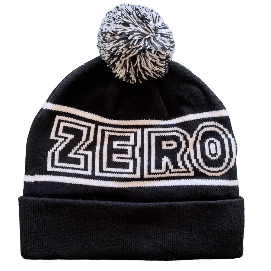 Black beanie with 'ZERO' logo and pom-pom on a white background