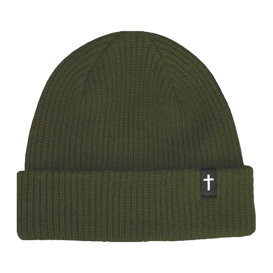 Green beanie with a cross logo on a white background