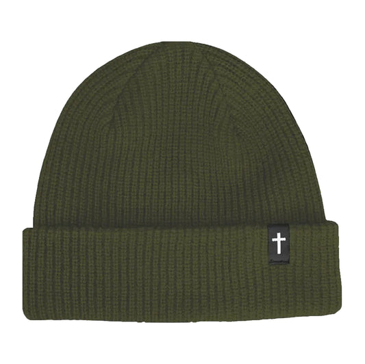 Green beanie with a cross logo on a white background