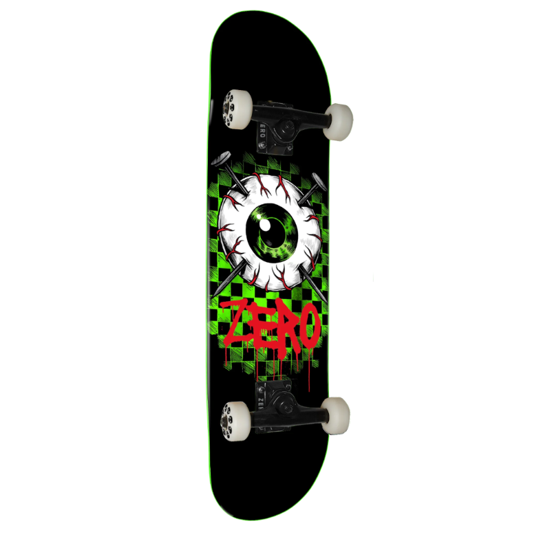 A skateboard shown from the underside, featuring a black deck with a green and black checkered graphic, a large white eyeball design with red details, and the word 'ZERO' in red graffiti-style lettering. The skateboard is equipped with white wheels and black trucks, set against a plain white background.