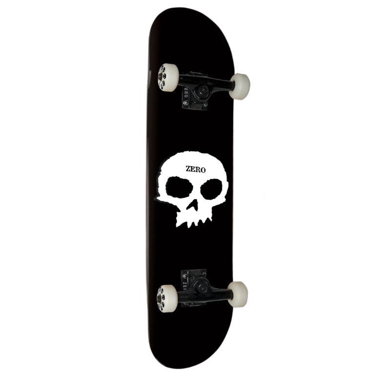 A black skateboard deck featuring a large white skull graphic with the word 'ZERO' printed inside it, shown against a plain white background.