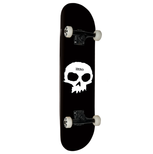 A black skateboard deck featuring a large white skull graphic with the word 'ZERO' printed inside it, shown against a plain white background.
