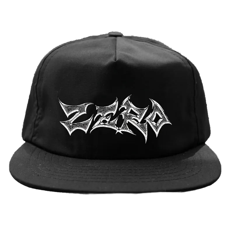 Black cap with white logo on a white background