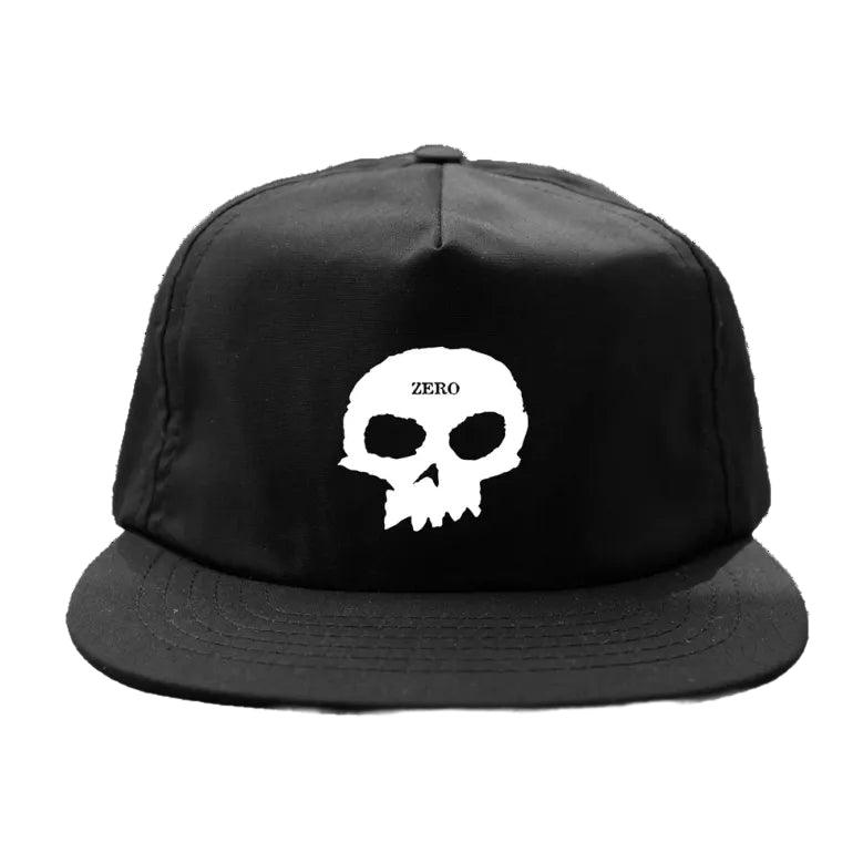 Black cap with a white skull design and 'ZERO' logo on a white background