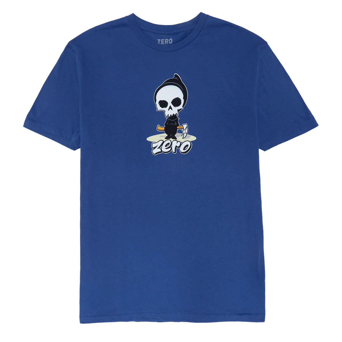 Blue t-shirt with a skull and crossbones design on a white background