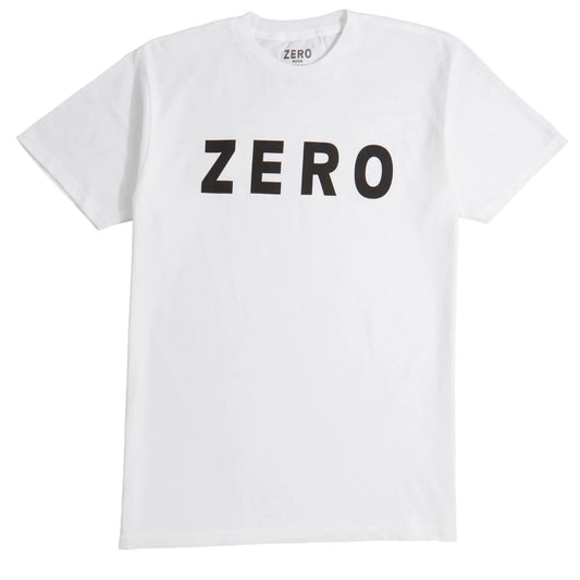 White t-shirt with 'ZERO' printed on it against a white background