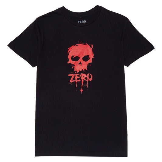 Black t-shirt with red skull design and 'ZERO' branding on a white background