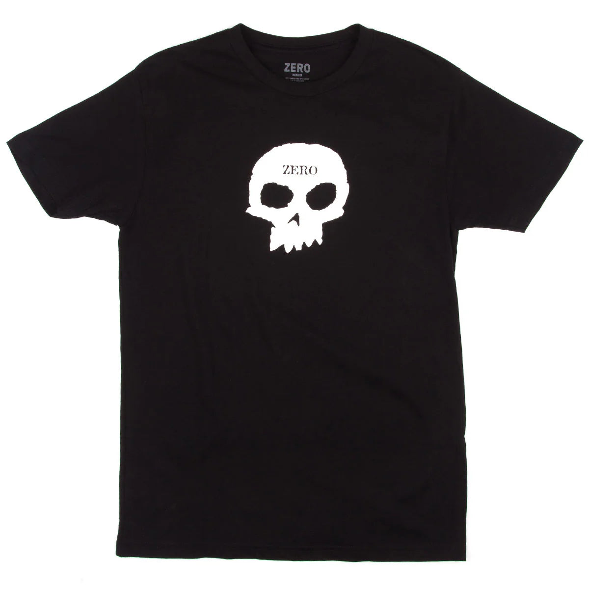 Black t-shirt with a white skull design and 'ZERO' branding on a white background