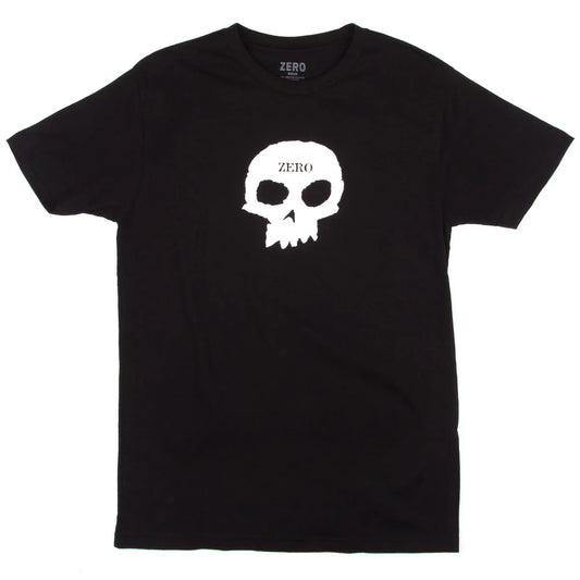 Black t-shirt with a white skull design and 'ZERO' branding on a white background