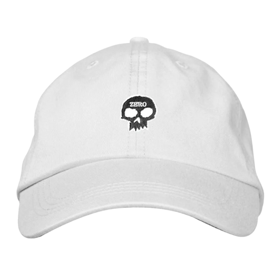 White cap with a black skull logo on a white background