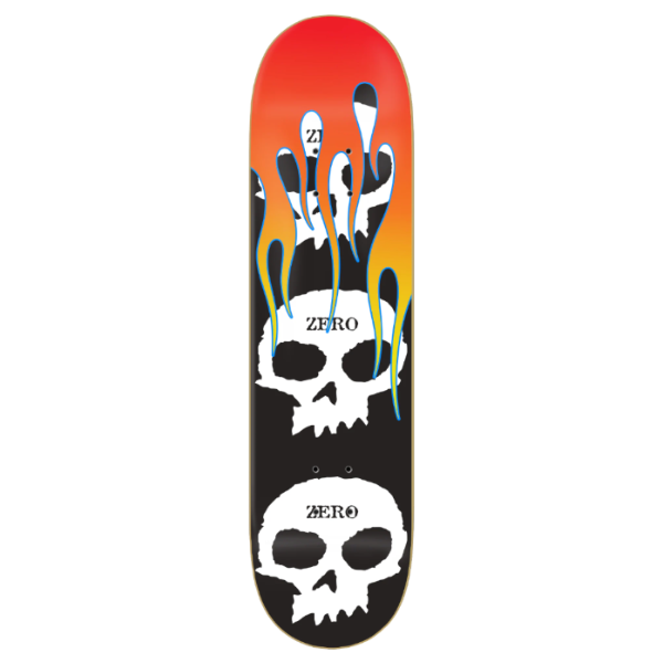 Skateboard deck with skull and crossbones design and 'Zero' branding.