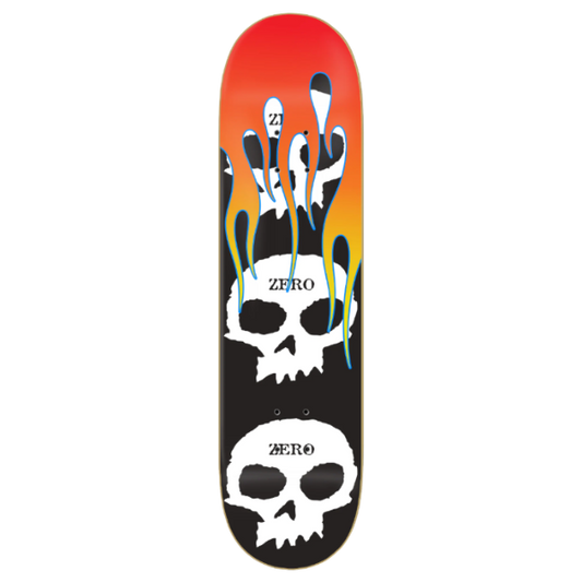 Skateboard deck with skull and crossbones design and 'Zero' branding.