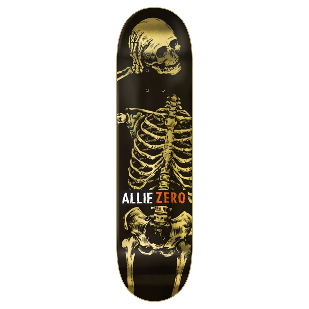 A skateboard deck featuring a black background with a large gold skeleton graphic and the text 'ALLIE ZERO' in white and orange near the bottom.
