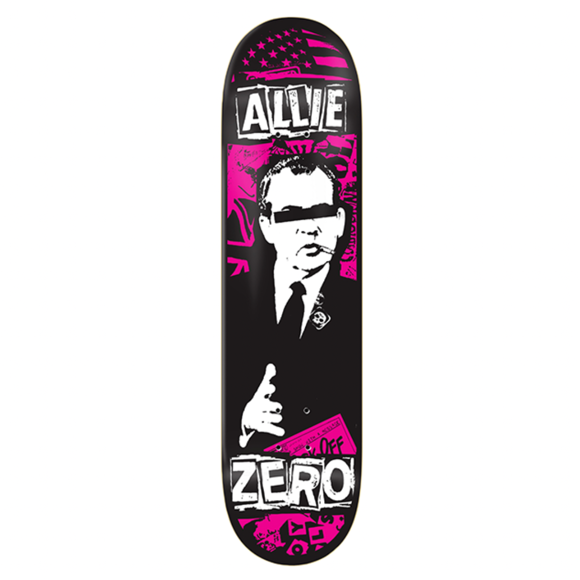 Skateboard deck with a graphic design and branding on a white background